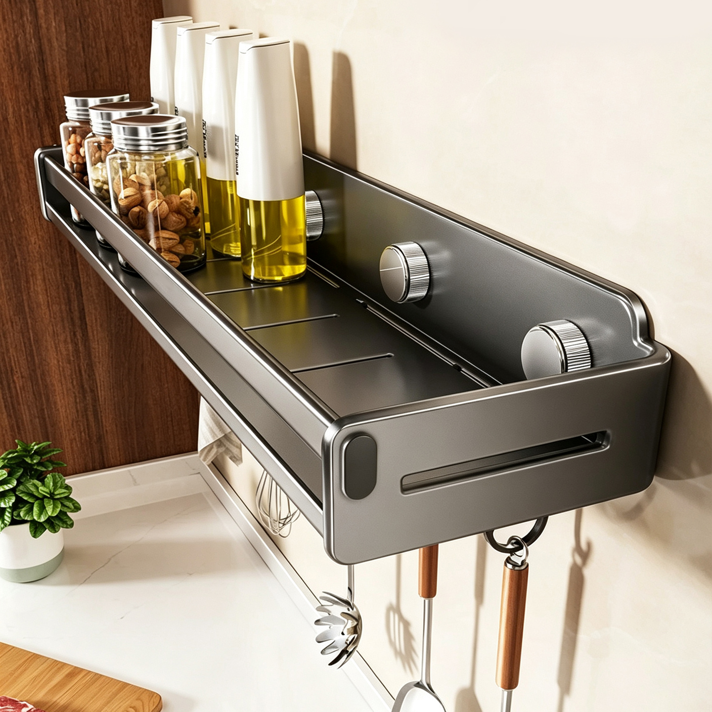 Modern Drill-Free Wall Mount Carbon Steel Kitchen Condiment Rack Multi-Functional Storage Shelf for Hotel &amp; Bathroom/Washroom
