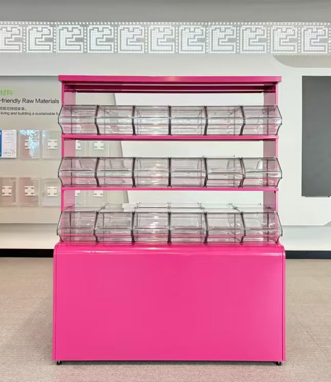 Factory Customizable Pink Iron Shelving Supermarket Display Shelf Rack with Stackable Bins for Bulk Grocery and Candy Stores
