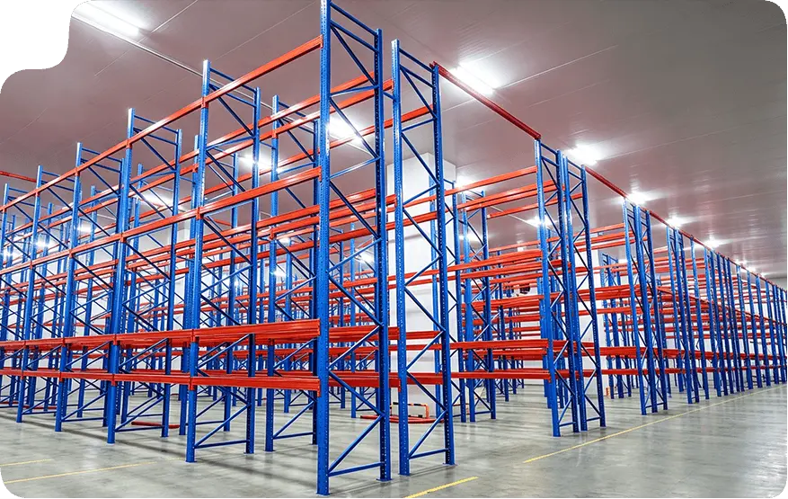 High-density pallet racking inside a cold storage freezer warehouse