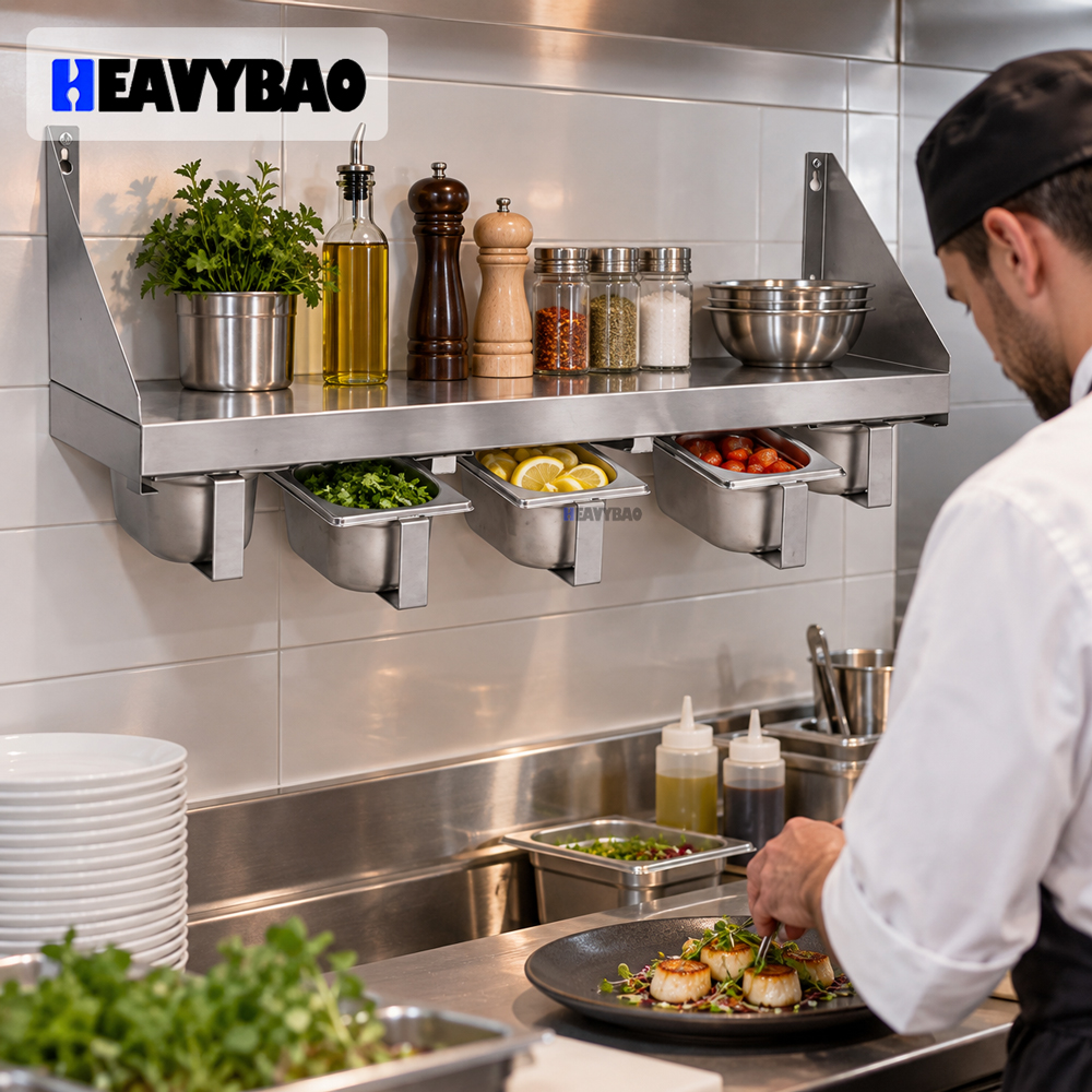 Heavybao Sanitation Restaurant Kitchen Stainless Steel Wall Mount Spice Rack Spice Shelf for 1/6 GN Pan