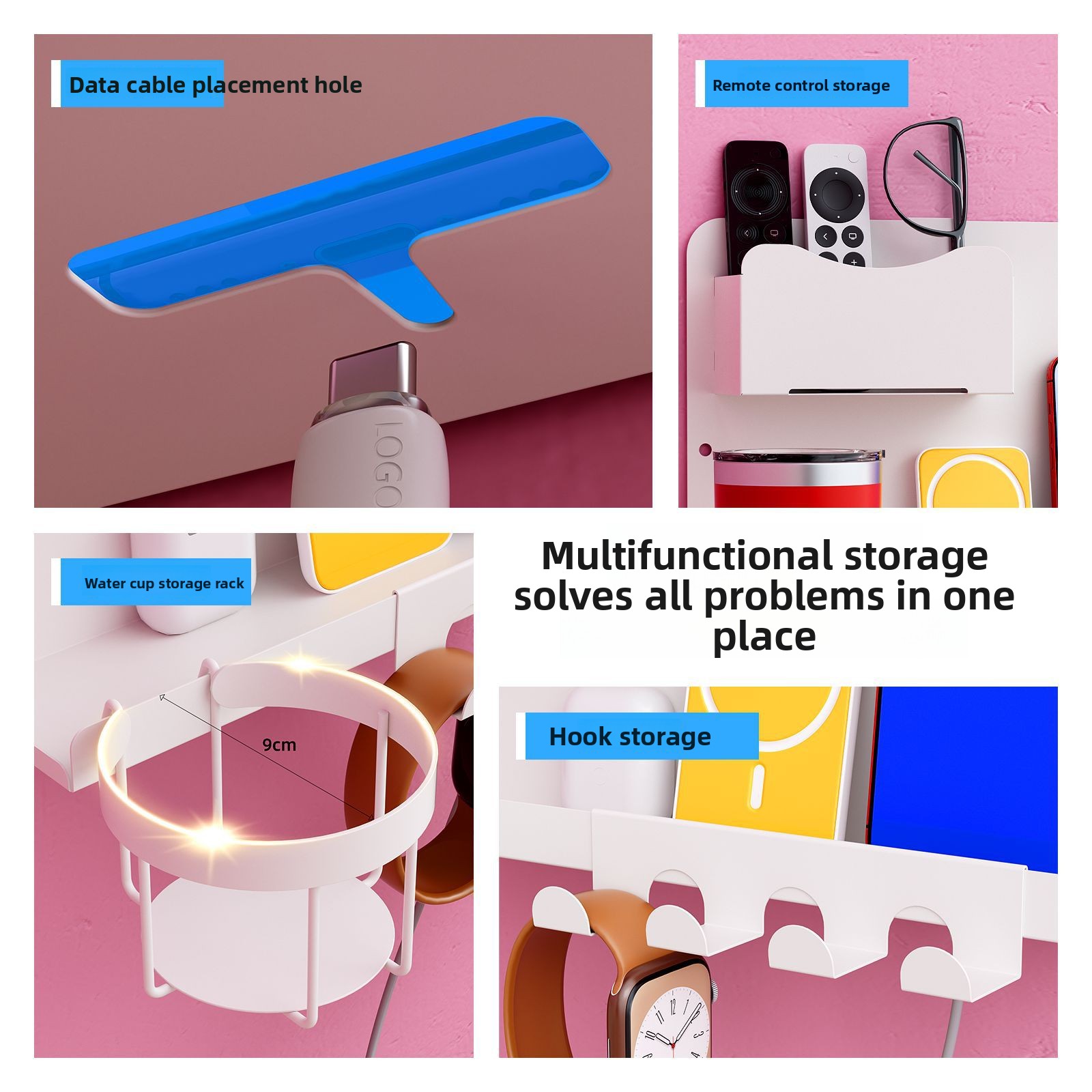 For Metal Bedside Shelf Single Tier Detachable Wall-Mounted with Cup Holder Remote Control Multi-Functional Storage Rack