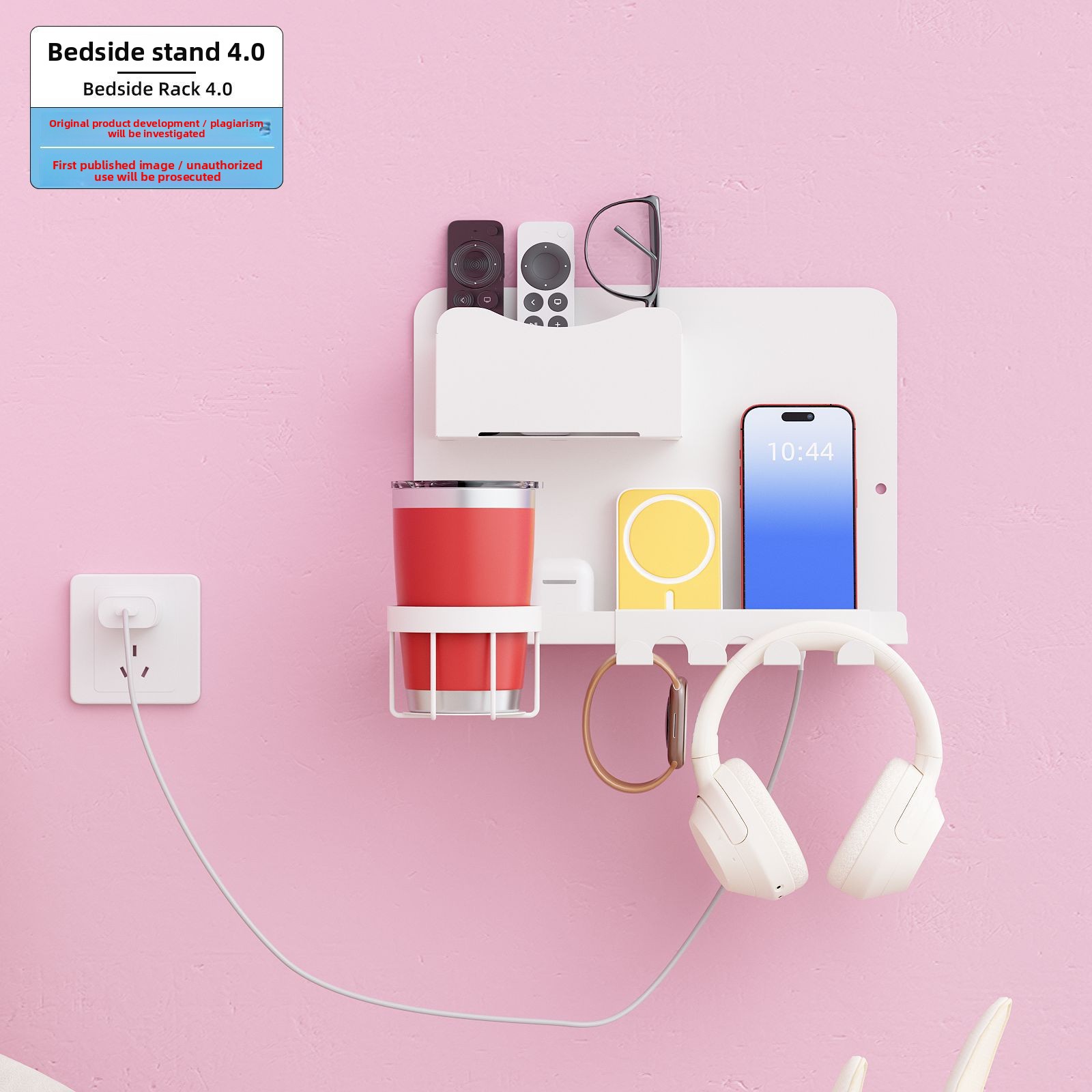 For Metal Bedside Shelf Single Tier Detachable Wall-Mounted with Cup Holder Remote Control Multi-Functional Storage Rack
