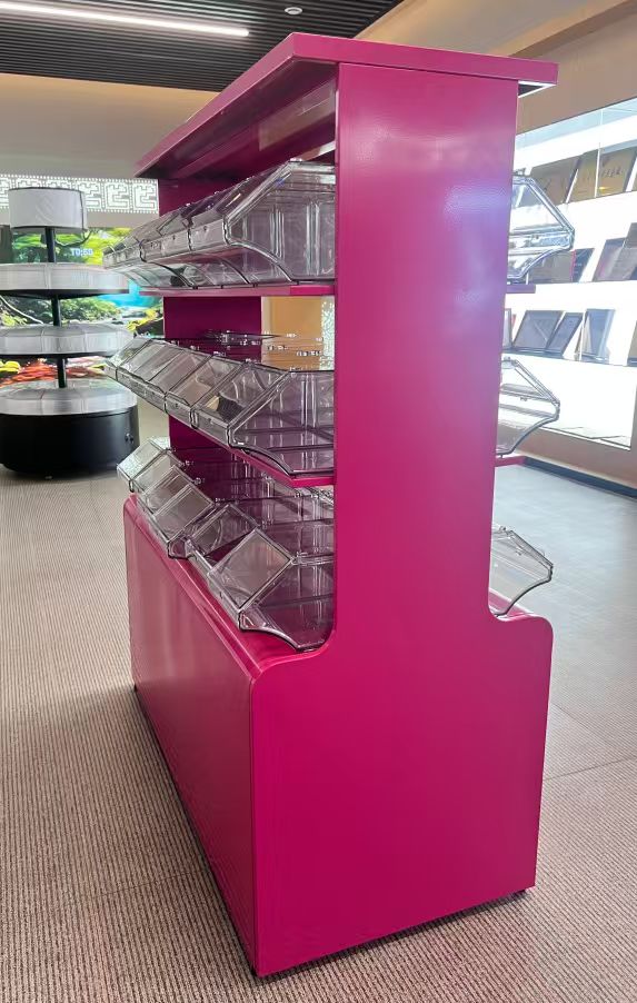 Factory Customizable Pink Iron Shelving Supermarket Display Shelf Rack with Stackable Bins for Bulk Grocery and Candy Stores