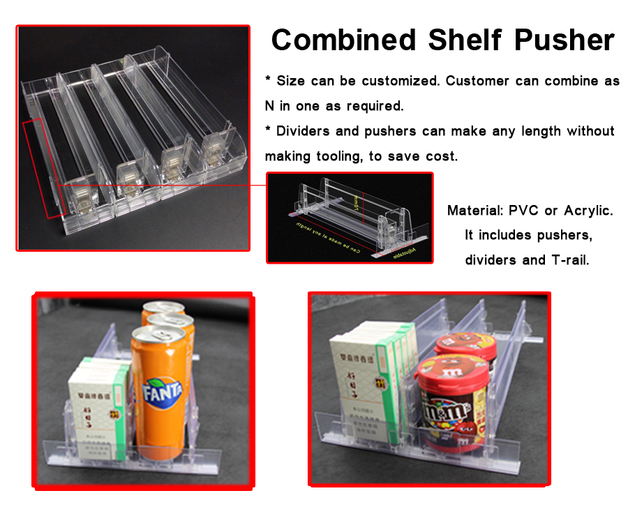 Supermarket Light Duty Double-Sided Automatic Spring Loaded Pusher Rack Shelf Plastic Stainless Steel Adjustable Size CE ROHS