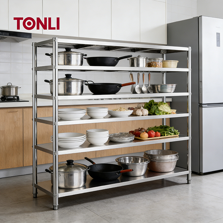 Commercial Heavy Duty Stainless Steel Display Shelves Adjustable Height Legs 300kg/m Load Capacity for Restaurant Kitchens