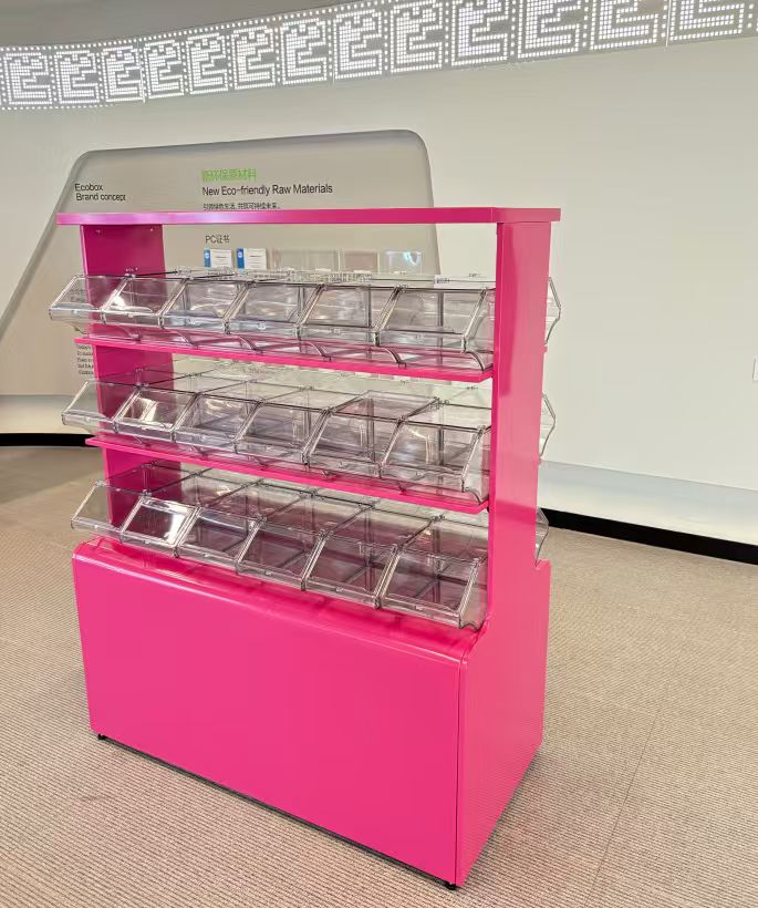 Factory Customizable Pink Iron Shelving Supermarket Display Shelf Rack with Stackable Bins for Bulk Grocery and Candy Stores