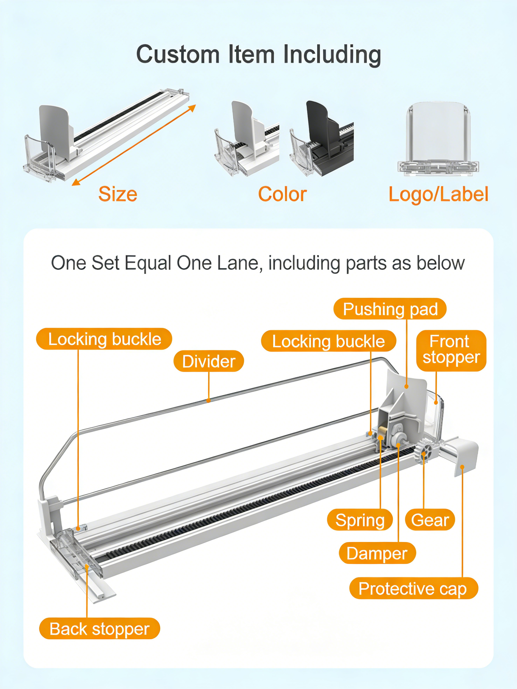 Automatic Spring Loaded Slow Motion Adjustable Multi-functional Pusher Rack for Beverage Snacks Retail Heavy Duty