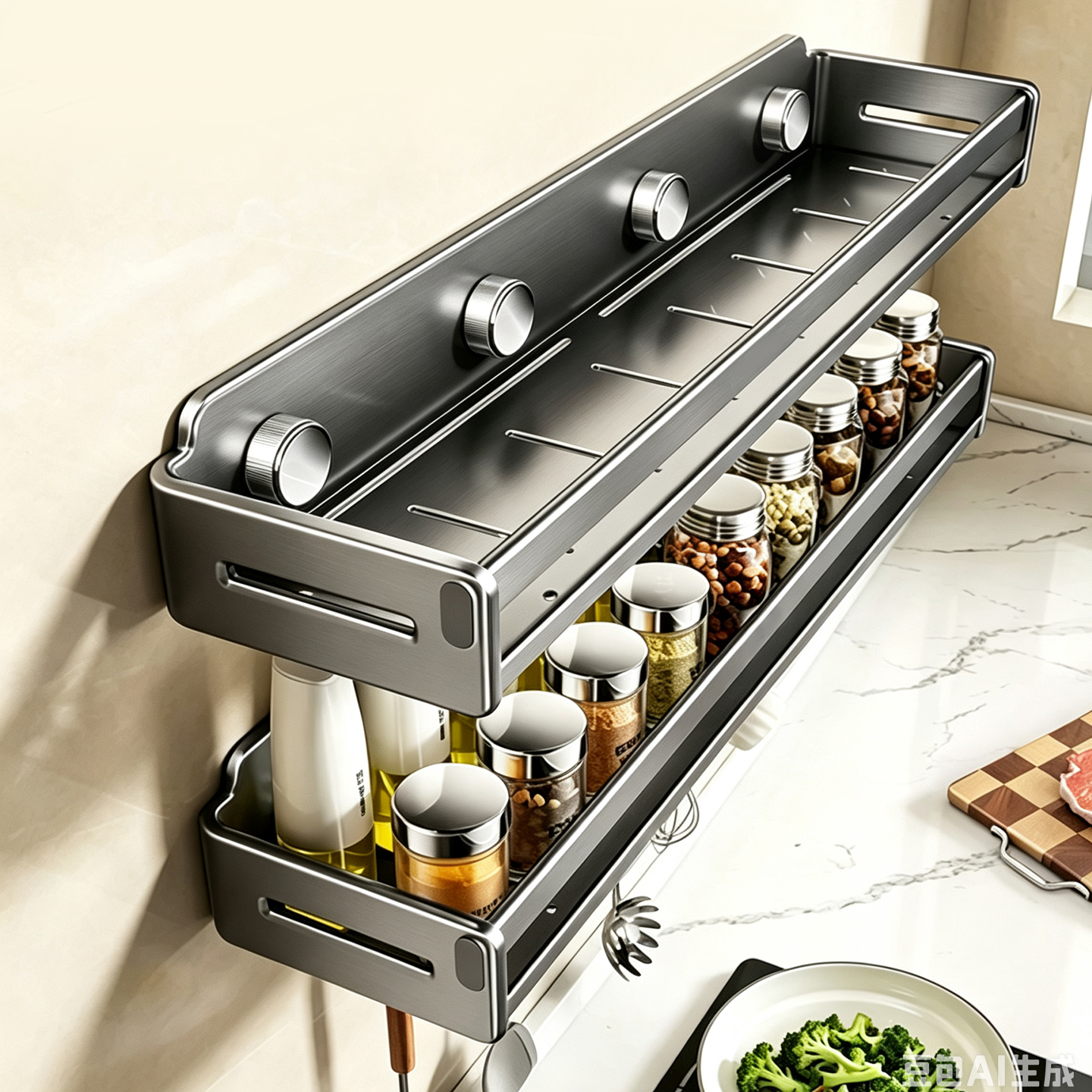 Modern Drill-Free Wall Mount Carbon Steel Kitchen Condiment Rack Multi-Functional Storage Shelf for Hotel &amp; Bathroom/Washroom