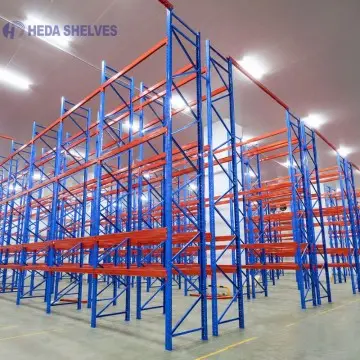 Selective pallet racking with orange beams in a distribution center