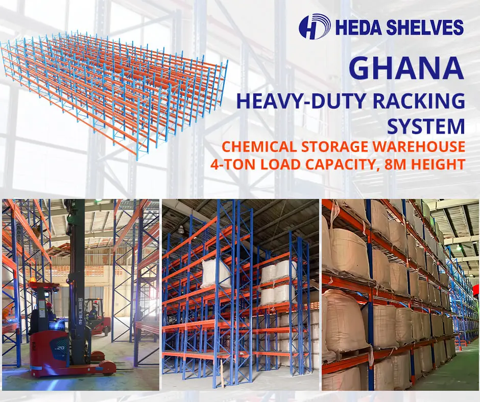 Heavy-duty racking system for chemical storage warehouse