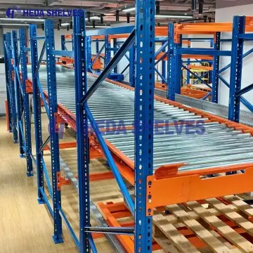 Gravity pallet flow racking with roller lanes for FIFO rotation
