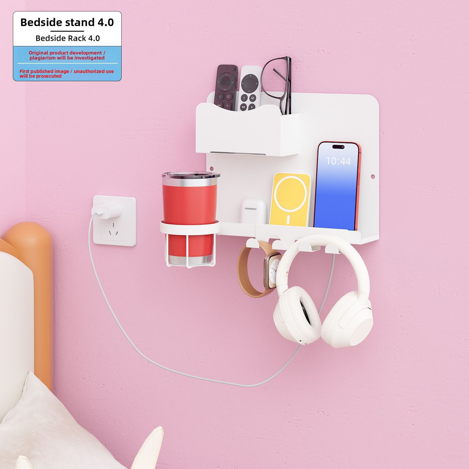 For Metal Bedside Shelf Single Tier Detachable Wall-Mounted with Cup Holder Remote Control Multi-Functional Storage Rack