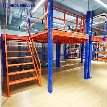 Structural steel mezzanine platform with stairs and handrails