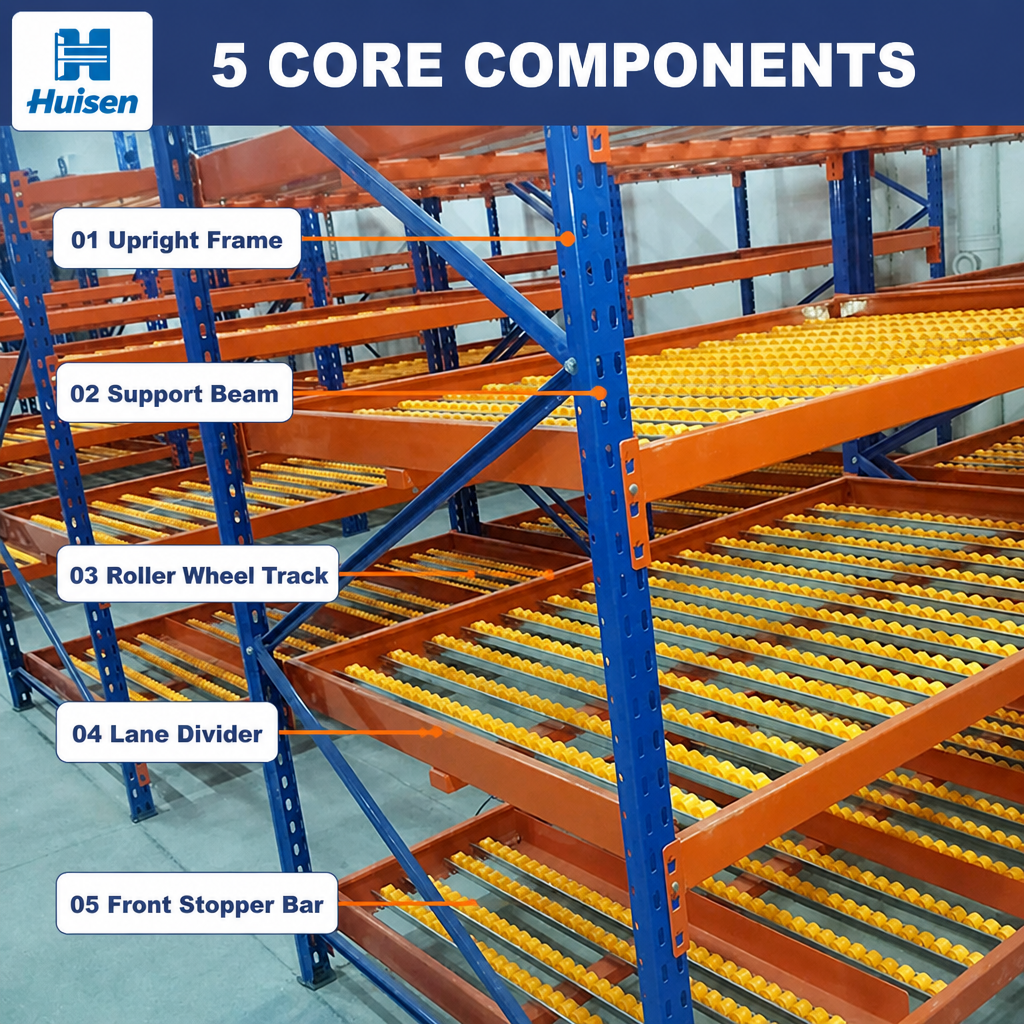 Flow Through Dynamic Storage Rack Carton Gravity Roller FIFO Warehouse Racking System Heavy Duty Industrial OEM Custom