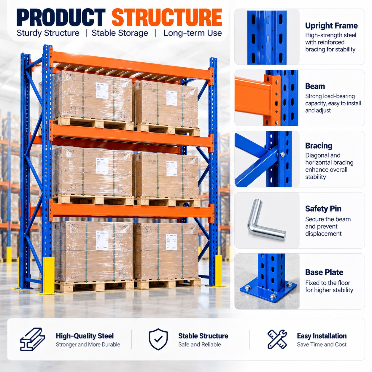 Heavy Duty Selective Pallet Rack Warehouse Storage Racking System for Large Capacity Industrial Pallet Storage