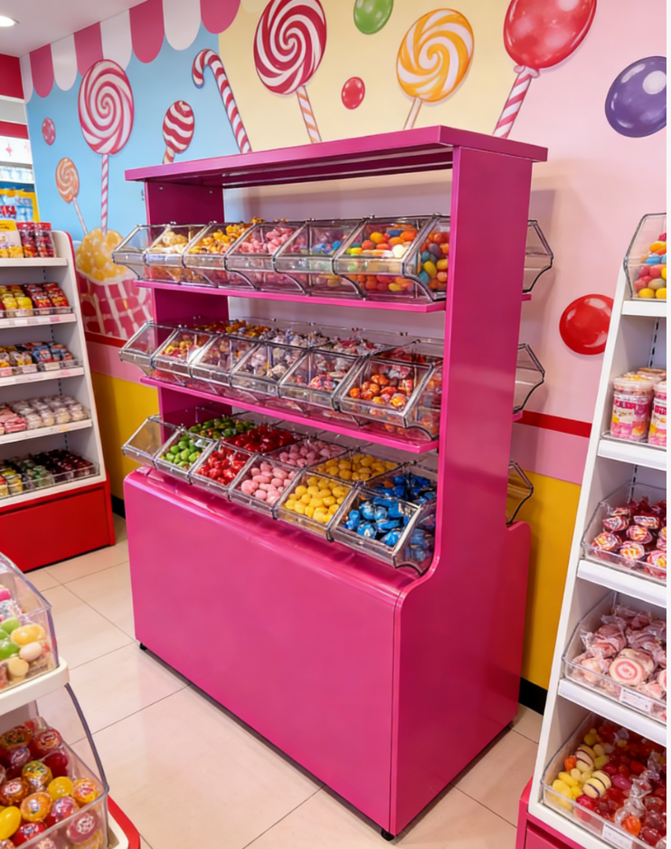 Factory Customizable Pink Iron Shelving Supermarket Display Shelf Rack with Stackable Bins for Bulk Grocery and Candy Stores