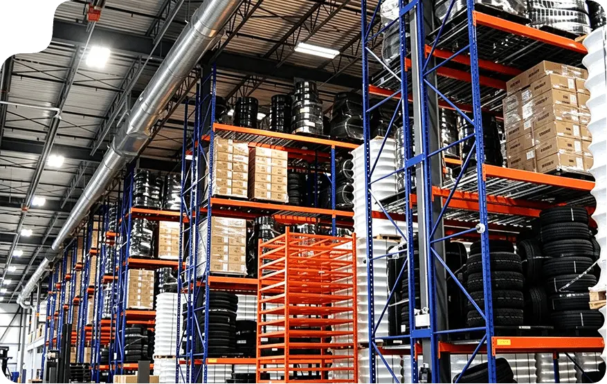 Auto parts warehouse with shelving and pallet racking