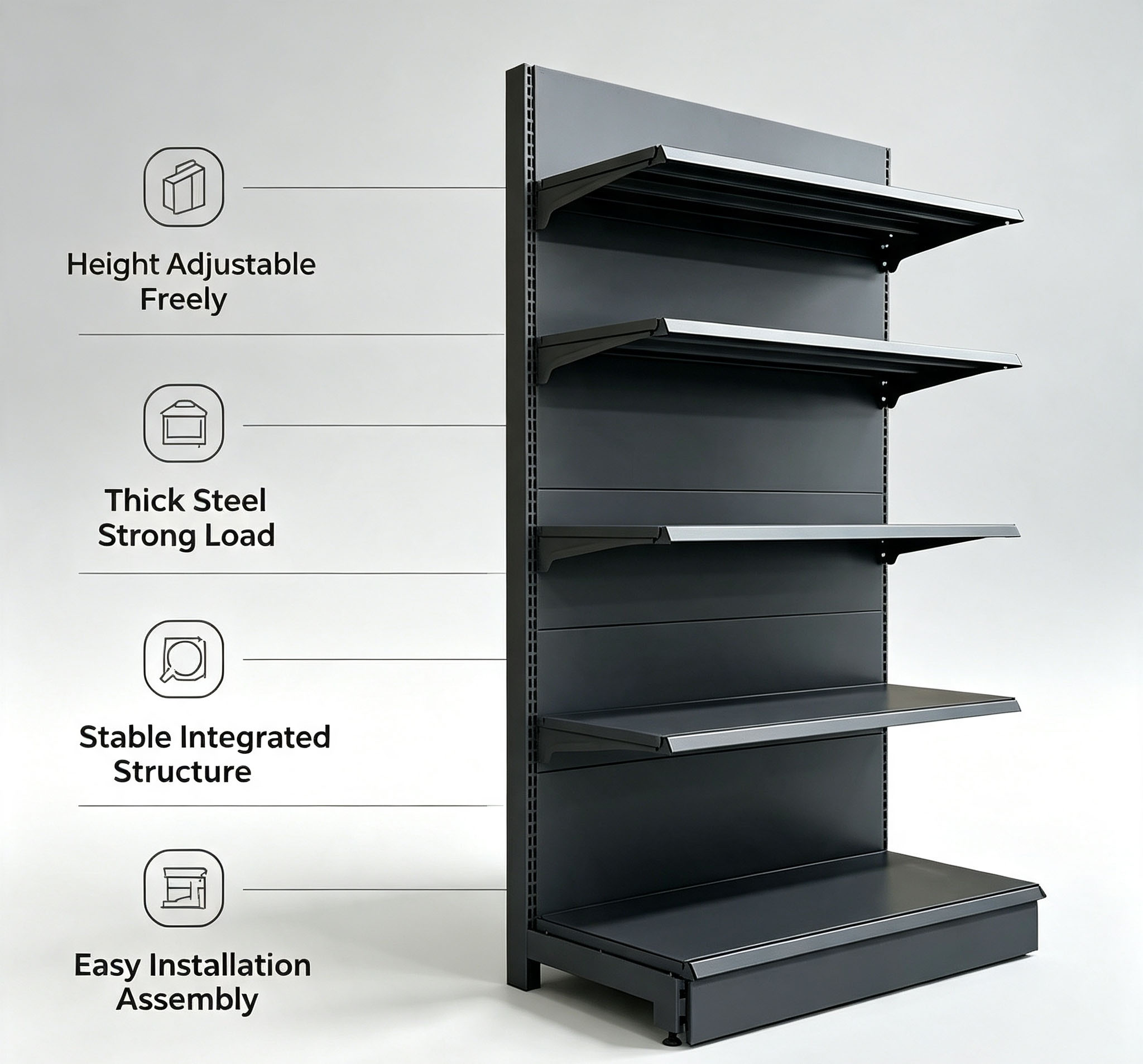 Heavy Duty Black Steel 5-Layer Supermarket Shelf Single Sided Wall Mounted Retail Display Rack Gondola Shelving Grocery Store