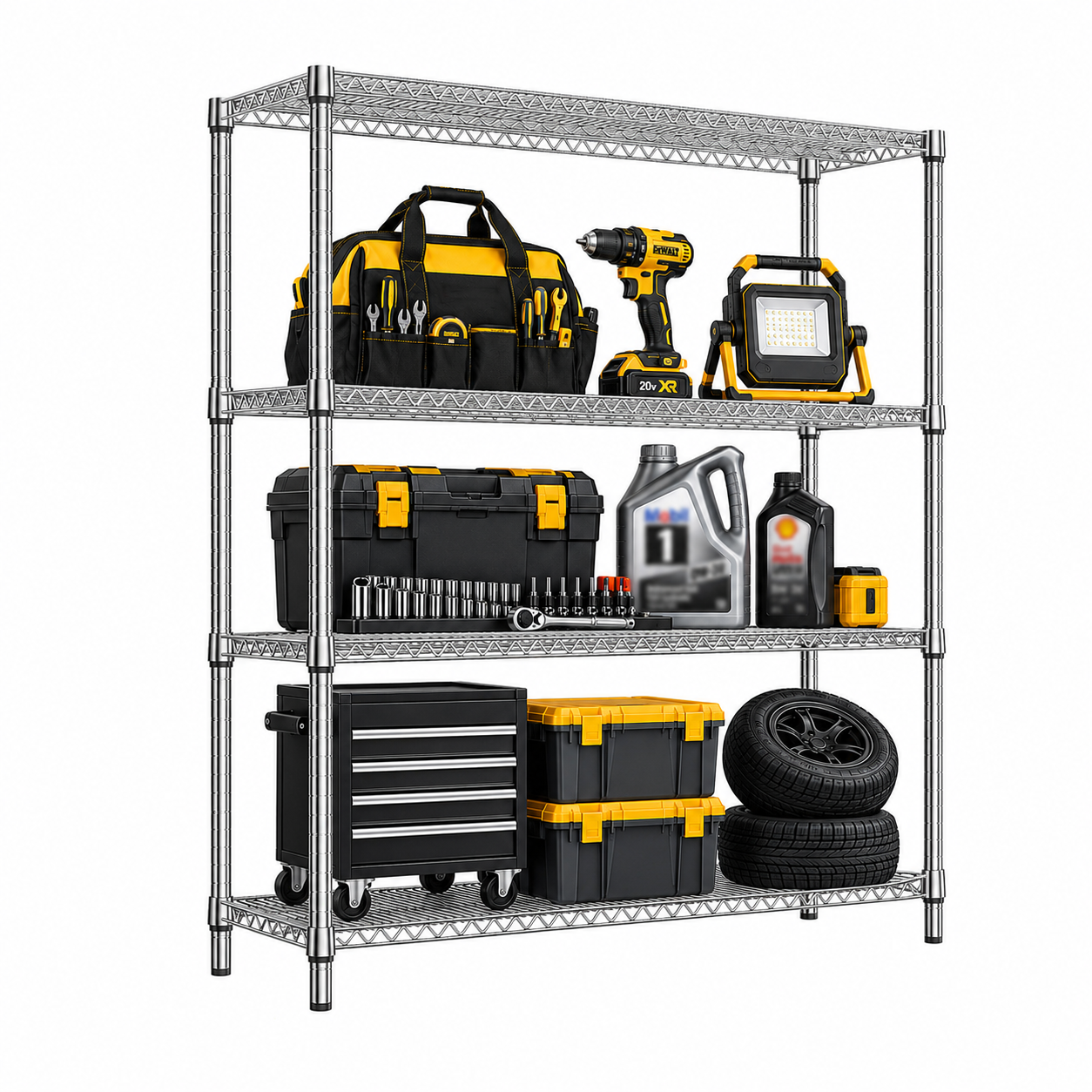 MZG Wholesale Boltless Chrome Garage Organizer Rack Modular 4-Tier Large Heavy Duty Steel Wire Shelving System