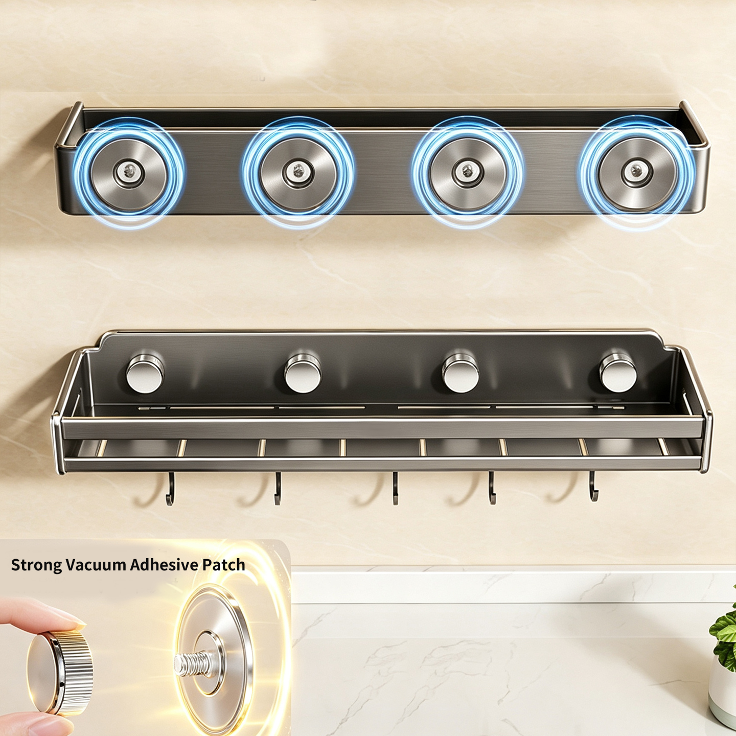 Modern Drill-Free Wall Mount Carbon Steel Kitchen Condiment Rack Multi-Functional Storage Shelf for Hotel &amp; Bathroom/Washroom
