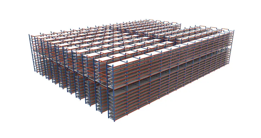 Photorealistic 3D warehouse mezzanine and racking rendering